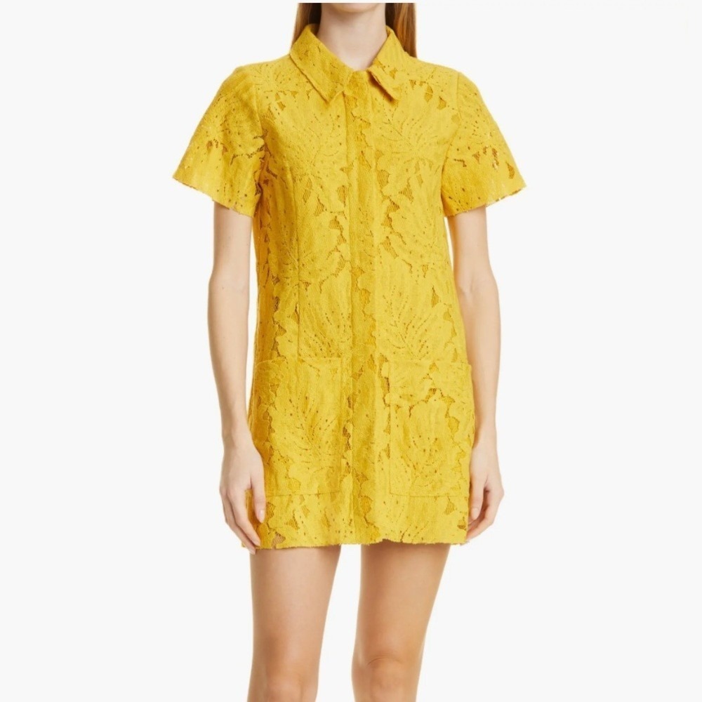 Ted Baker Rille Lace Shirt Dress Short Sleeve Button Down Yellow Mini Women's M